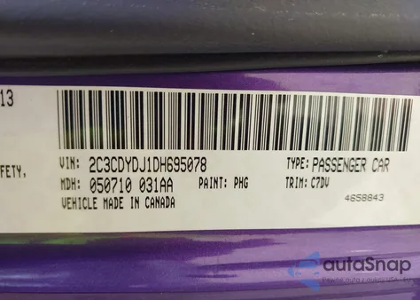 2013 Dodge Challenger Srt8 Core из США, поврежденный, VIN 2C3CDYDJ1DH695078